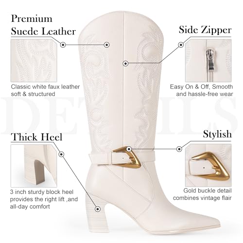 Western Cowboy Boots for Women - Knee High Calf Cowgirl Boots with Classic Embroidered with Gold Buckle, Slip On Pointed Toe Chunky Heel Fashion Retro Classic Faux Leather Pull On Tall Boot3