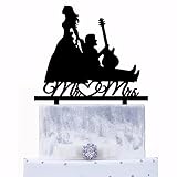 YzYbuaego Guitarist Wedding Cake Topper, 1 Count, Silver, Acrylic, 5.9'W x 6.7'H, Musician Bass Guitar Player, Wedding, Anniversary, Bridal Shower, Engagement, Black and White