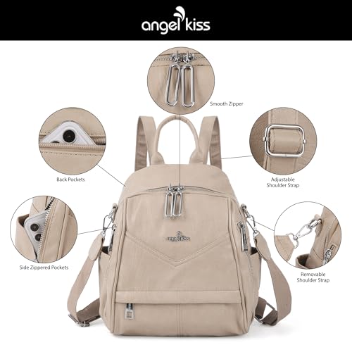 Image of Angel Kiss Small Backpack Purse for Women,Soft Vegan Leather Roomy Backpacks,Designer Ladies Shoulder Backpack Fashion Handbag with Removable Strap,Apricot