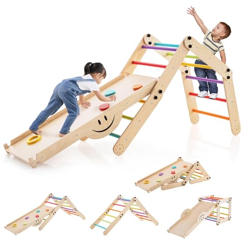 HOMASIS 5-in-1 Kletterdreieck Indoor, Klettergerüst mit Rampe Rutsche...