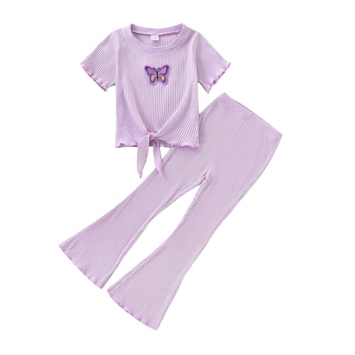 Image of Kid Girl Clothes Butterfly Patch T-Shirt Jogger Pants Ribbed 2PC Summer Fall Outfits Set