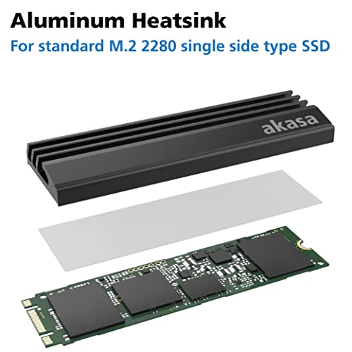 Akasa M.2 SSD radiator, aluminiowe żebra radiatorowe, z taśmą termiczną, pasuje do M.2 2280 SSD, kolor szary, 71 x 22 x 6,4 mm, A-M2HS01-BK