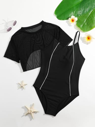 Floerns Girls Spaghetti Strap One Piece Swimsuit with Short Sleeve Mesh Cover Up3