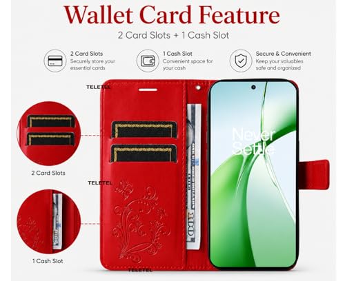 Image of TELETEL Butterfly Magnetic Closure Wallet Card Holder Flip Case for Vivo V50 5G|Mobile Cover|Back Flip Cover - Red