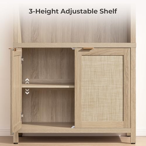 Image of SICOTAS 84.2 inch Tall Arched Bookcase with Doors - 5 Tier Rattan Bookshelf