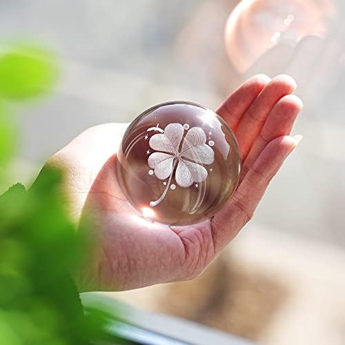 HDCRYSTALGIFTS Crystal 2.4 inch (60mm) Four-Leaf Clover Crystal Ball with Sliver-Plated Flowering Stand,Fengshui Glass Ball Home Decoration
