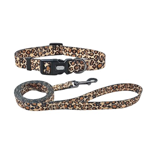 Olahibi Set combinato con collare e guinzaglio per cani, motivo leopardato, materiale in poliestere, guinzaglio abbinato da 150 cm, per cani di taglia grande (L, marrone leopardato)