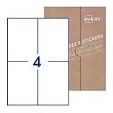 avery etichette adesive in carta bianca, rettangolari formato 105x148mm, 4 etichette per foglio, 100 fogli, formato foglio a4, adesivo permanente, stampanti laser e inkjet, scrivibili a mano