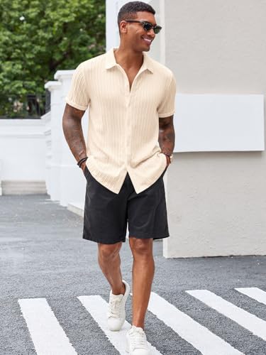 Runcati Men's Casual Button Down Shirts Short Sleeve Textured Shirt Summer Beach Tops4