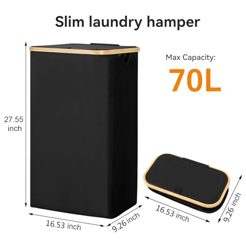 Chrislley 70 L Slim Laundry Basket with Lid, Foldable Laundry Hamper with 2 Removable Inner Bags & Bamboo Handles - Image 2