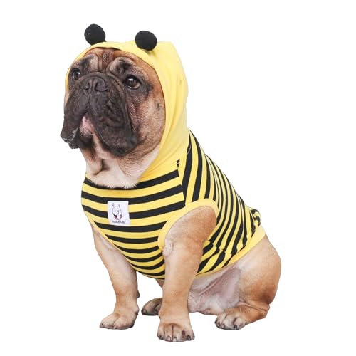 iChoue French Bulldog Bee Honeybee Bumblebee Caterpillar Insect Halloween Costumes Hoodies Sleeveless Clothes Outfits Cosplay Shirts for Dogs Frenchie Pug Boston - Black Yellow, Large