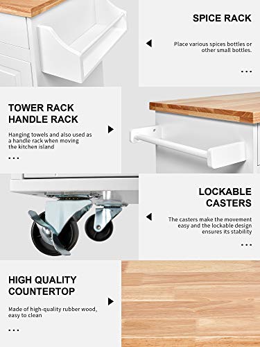Kealive Kitchen Island on Wheels, Rolling Kitchen Cart with Spice Rack Towel Rack, with Large Drawer and Storage Cabinet, Solid Rubber Wood Top, White, 31.5L x 18.9W x35.4H