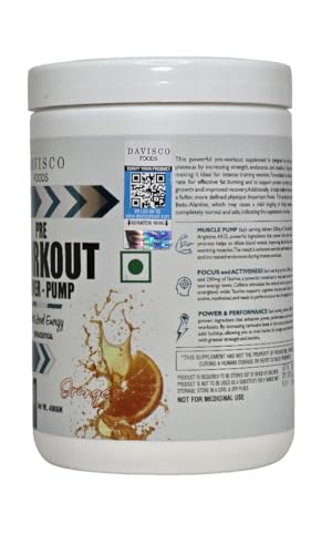 Image of Davisco Foods Pre Workout PUMP Get Next Level Energy, Strength & Endurance 80 Serving Pre Workout Focus, Strength, Energy and Extreme Muscle Pump (400 g Orange)
