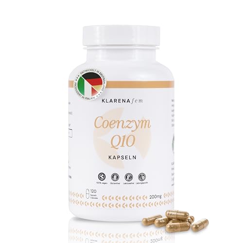 Q10 Kapseln hochdosiert 200 mg Coenzym Q10 je Kapsel 120 vegane Kapseln für 4 Monate hochwertiges Ubiquinon aus Fermentation hergestellt in Italien laborgeprüft & ohne Zusätze KLARENA