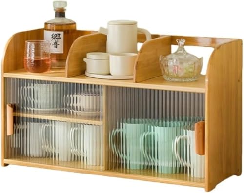 Barino ウォーターカップ収納ボックス ミニ卓上収納食器棚 竹製 キッチンカウンター カップボード 防塵 引き戸 防湿 防虫 大容量 キッチンキャビネット 調味料 お茶碗 小物入れ収納 ひとり暮らし用 簡単組立省スペース (仕切り付き 67x25x39