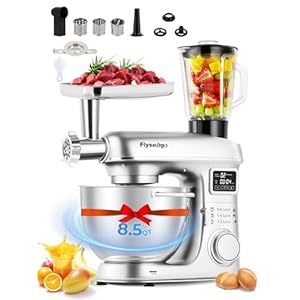 Stand Mixer 8-IN-1 8.5 Qt Multifunctional Fermentation Electric Kitchen Mixer 6 Speed Tilt-Head with Stainless Steel Bowl, 1.5L Glass Jar, Meat Grinder, Dough Hook, Whisk, Pasta Attachment