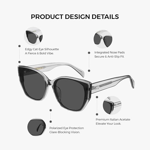 Image of Vintage Cat Eye Sunglasses Trendy Acetate ShadesUV400, Exclusive Brand of EssilorLuxottica, Slate Grey /Pure Gray Polarized 601