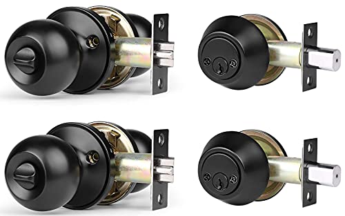 2 Pack Entry Door Knob and Double Cylinder Deadbolt Combination Set, Keyed Alike, Flat Black Entry Entrance Keyed Round Door Knobs Lockset with Deadbolt Lock Set for Exterior/Front Door