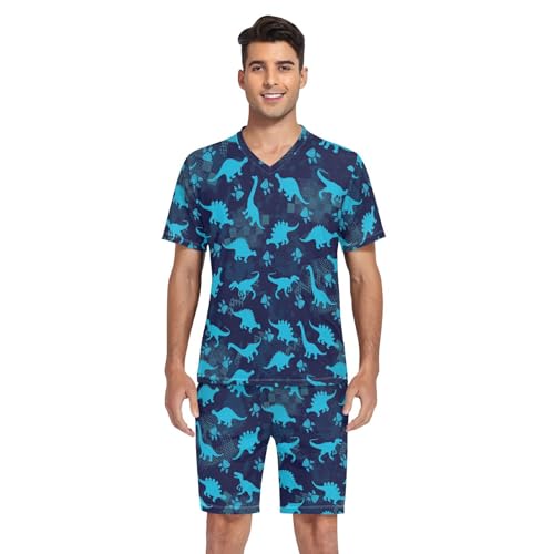 Men's Short Sleeve Pajama Set Cute Dinosaurs Blue Summer Pjs Set 2 Piece Loungewear Sleepwear with Pockets4