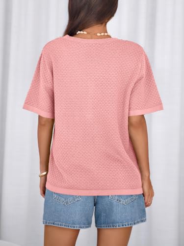 Image of NALANISA Women's Short Sleeve Sweater Spring Summer Crochet Knit Tops 2026 V Neck Striped Button Down Dressy Casual Blouses