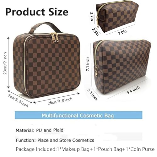 Makeup Bag,3 Pcs Brown Checkered Bags Set,Portable with Adjustable Partition,Large Capacity Pouch for Travel Cosmetic Organizer, Makeup Brushes,Waterproof, Toiletries,Designer for Gift,Checkered2