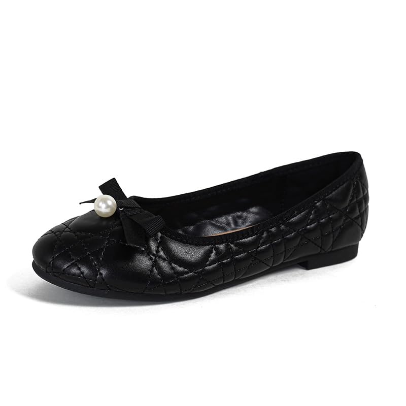 Mary Jane Flats for Women Round Toe Ballet Flats with Pearl Bowknot PU Leather Slip On Dress Shoes Lightweight Walking Shoes