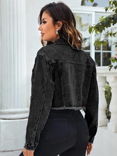 Jean Jacket for Women Cropped Denim Jackets Button Down Long Sleeve Fitted Crop Top Frayed Hem Jean Coat3