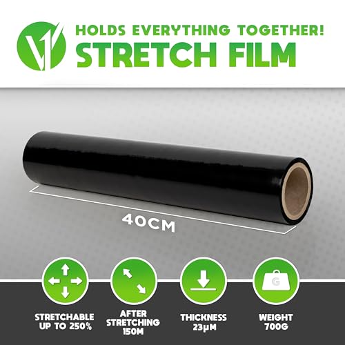 V1 Trade Stretchfolie Schwarz - Folie für Möbel - Hand Umzugfolie 150m x 40 cm - Stretchfolienrolle Schwarzfolie 23my - Verpackungsfolie auf Rolle - Wickelfolie - Umzugsfolie Dehnung 250%
