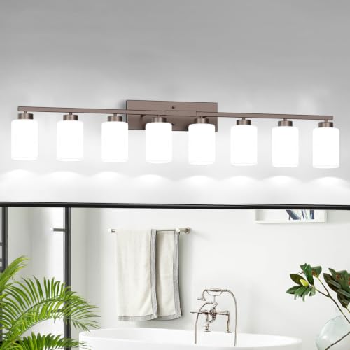 Image of IZORRO Bathroom Light Fixtures, Modern Vanity Lights, Bathroom Lighting Fixtures Over Mirror with Milky White Shade, Wall Sconce for Living Room Cabinet Bedroom (Oil Rubbed Bronze, 8-Light)