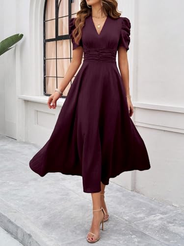 Image of Shasmi Girl's & Women's Solid Color V-Neck A-Line Maxi Dress for Women | New Year Party Outfit | Waist Cinched Puff Sleeve Western | Elegant Casual Wear (Dress 246)