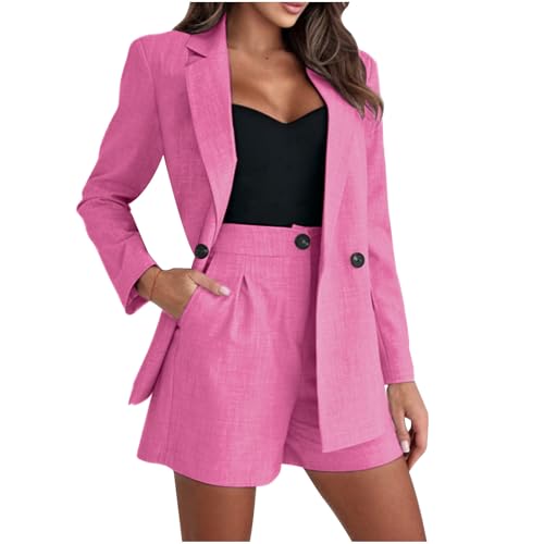 Womens 2 Piece Outfits Casual Office Long Sleeve Lapel Double Breasted Blazers and Pocket Shorts Work Business Sets - Main Image
