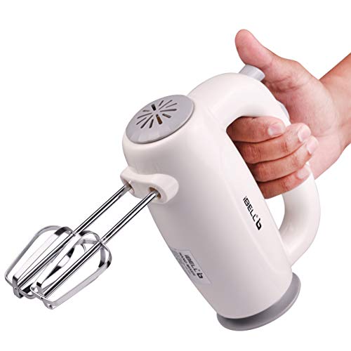 Image of iBELL Hand Mixer 300W, Beater /Blender /Electric Cream Maker for Cakes with Base, 5 Speed Control and 2 stainless Steel Beaters, 2 Dough Hooks (White)