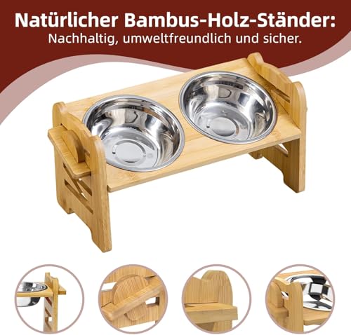 Hundenapf Erhöht, 6 Höhenverstellbar Erhöhter Futternapf Hund, Futterstation mit Ständer für Kleine Hunde und Katzen, Futterstation Hund Bambus mit 2 Edelstahl Fressnapf und rutschfest Hundebar