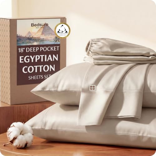 Image of Bedsure PureWoven 100% Giza Egyptian Cotton Queen Sheet, CEA & BV Certified | 18 inch Deep Pocket Sateen Sheets with Corner Straps, Durable & All-Season Breathable, Hotel Luxury, Oeko-Tex, Giftable, Beige