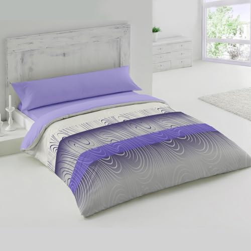 MERCURY TEXTIL- Juego de Funda Nórdica 100% Microfibra Extra Suave, 3 Piezas Funda Nórdica para Edredón + Sábana Bajera + Funda de Almohada con Cremallera Oculta (Odense Lila, Cama 135)