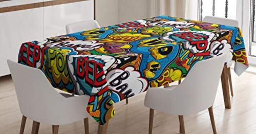 Ambesonne Superhero Tablecloth, Comics Speech Bubbles Beep Wow With Vivid Old Effects Boys Supernatural Print, Rectangular Table Cover For Dining Room Kitchen Decor, 52" X 70", Blue Red #TOP2