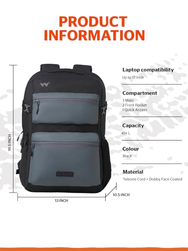 Image of Wildcraft Ranger 45+ Laptop Backpack With RainCover for Man & Women, 45L Ideal bags for men Office use /School /College Boys and Girls, 3 Compartment Bag