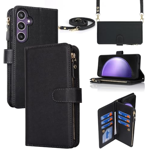 iCoverCase for Samsung Galaxy S23 FE Wallet Case with Card Holder, Kickstand Feature PU Leather Case with Adjustable Crossbody Lanyard Magnetic Clasp Zipper Pocket Flip Cover (Black)