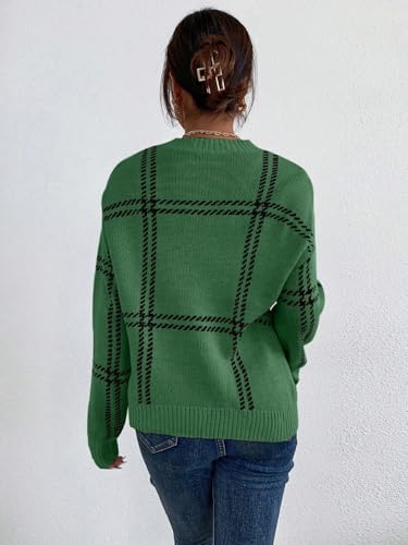 Women's Off Shoulder Pullover Knit Sweater Plaid Crew Neck Long Sleeve Cute Trendy Cozy Sweaters3