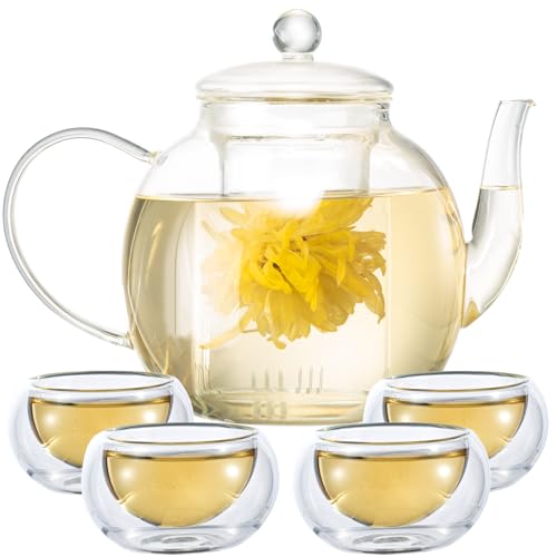 Glass Teapot Set with 4 Teacups, 1500 ml/50 oz Tea Pot with Infusers for Loose Tea and Flower Tea, Stovetop and Microwave Safe Borosilicate Glass Tea