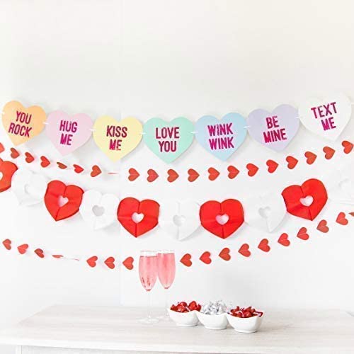 Image of FestikoConversation Candy Hearts Banner, Eight Valentines Day Heart Sayings Garland Decorations, six feet Long