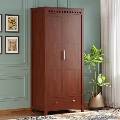Image of Wakefit Wardrobe | 3 Year Warranty | Solid Wood Almirah, Cupboard for Clothes Storage | 2 Door, 2 Drawers, 1 Hanging Space | Shibori - Golden Brown