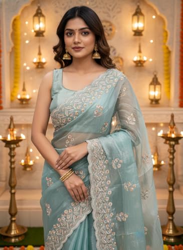 Image of Glory Sarees Women's Organza Chiffon Embroidery Work Scallop Border Saree With Blouse Piece (Chiffon101 Parent)