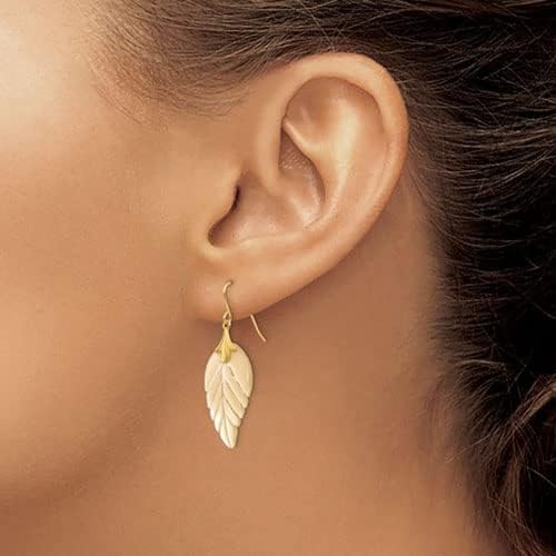 14k Yellow Gold and Mother of Pearl Leaf Dangle Drop Earrings3