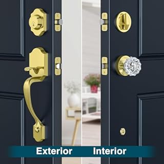 Calzibeno Satin Brass Front Door Handle and Deadbolt Set, Front Door Lock Set with Crystal Glass Door Knob, Exterior Door Lock Set with Single Cylinder, Reversible for Right & Left, Gold
