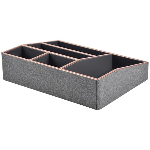 Image of PU Leather Makeup Organizer Tray,Large Vanity Organizer,Cosmetic Storage Box for Lipstick Brushes Skincare Perfume,Cosmetic Display Case Rose Gold-trimmed for Dresser,Bathroom Countertop(Grey)