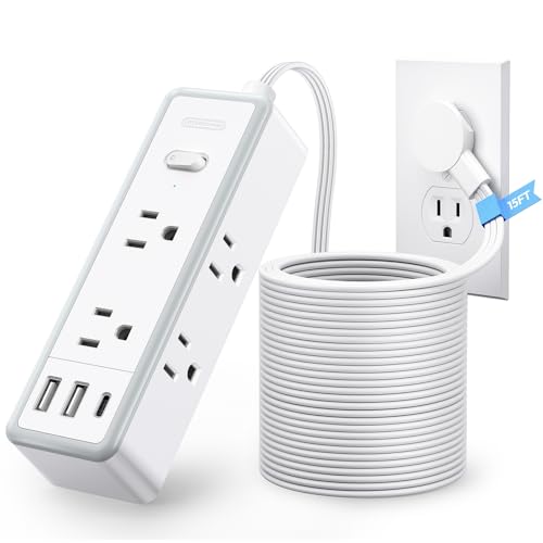 NTONPOWER Flat Plug Power Strip, 15 ft Extension Cord Surge Protector, 6 Widely AC Outlets with 3 USB Ports(1 USB C), Wall Mount, 3-Side Surge Protect