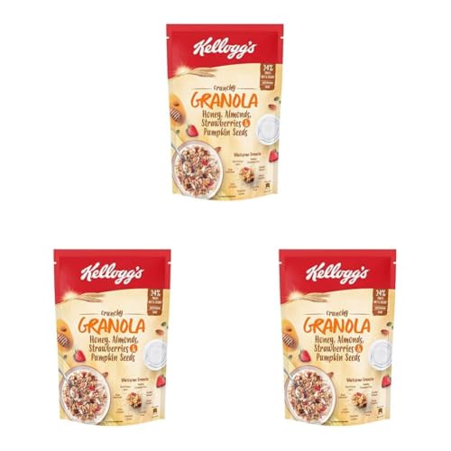 Image of Kellogg's Crunchy Granola Honey, Almonds, Strawberries & Pumpkin Seeds 450g | 24% Fruit, Nut & Seeds, Baked Multigrain | Source of Fibre | Breakfast Cereal (Pack of 3)