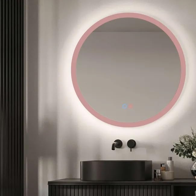 LEDIMEX - Miroir Rond Salle de Bain avec Lumière LED 80Cm Rétroéclairé, Capteur Anti-Buée et Cadre Rose Corail | Miroir Intelligent Mural Tri-LED (Chaude,...