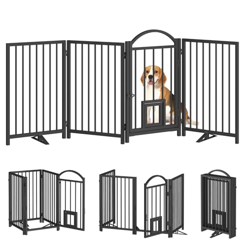 HOOBRO 4 Panel Freestanding Dog Gate with Door 35 Tall Full Metal Foldable Dog Fence Pet Gate with 2 Metal Support Feet for Doorways Stairs Kitchen Living Room Halls Black BK78PP03N1